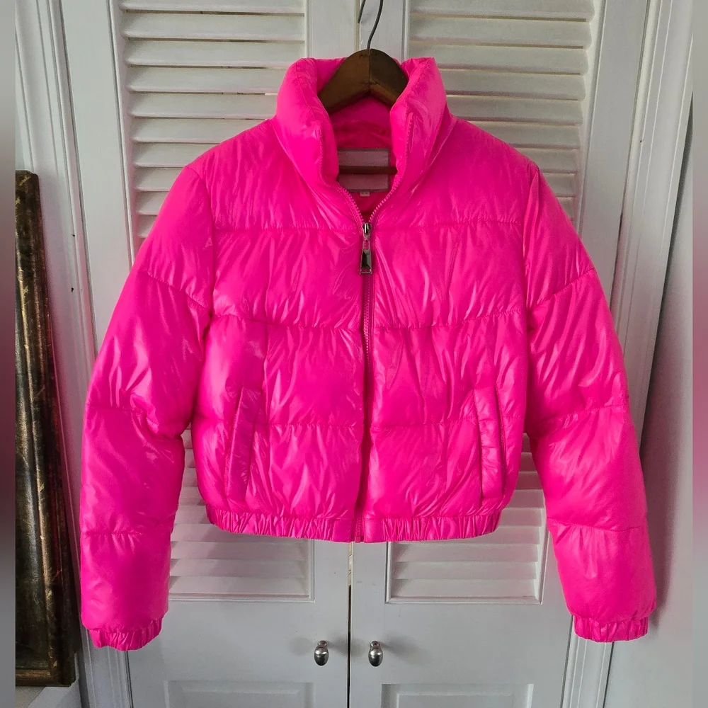 ZIAI Hot Pink Cropped Puffer Jacket Glossy Bubble Coat NWOT